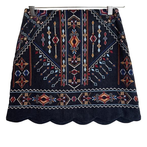 Blue Rain Navy Corduroy Mini Skirt S NWT Scallop Hem Embroidered Geometric - Picture 1 of 6